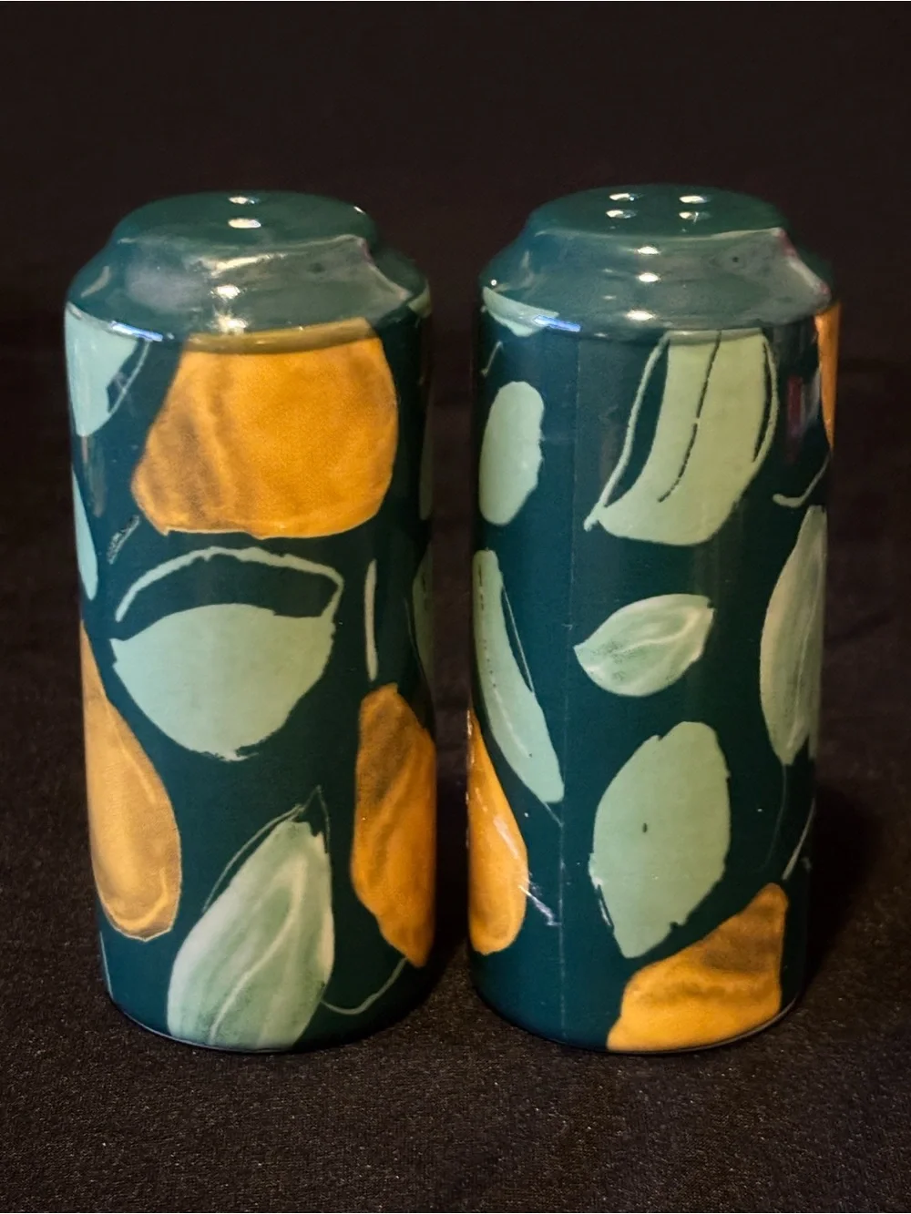 Anthropologie Holly and Pear Salt & Pepper Shakers with Underplate. Ceramic